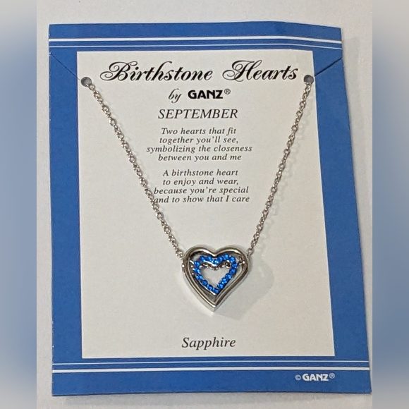 NEW September Sapphire 18K White Gold Pl Double Heart Spinner Pendant Necklace - Picture 9 of 9